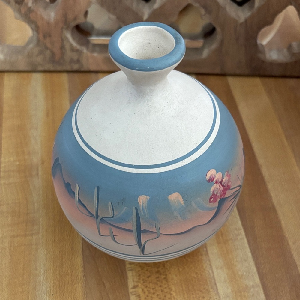 New West Native American Hand-Painted Blue and White Desert Vase